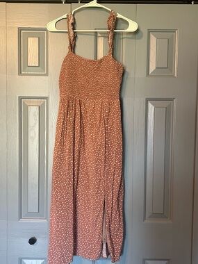 Smocked Rust Polka Dot Midi Dress with ruffle Straps